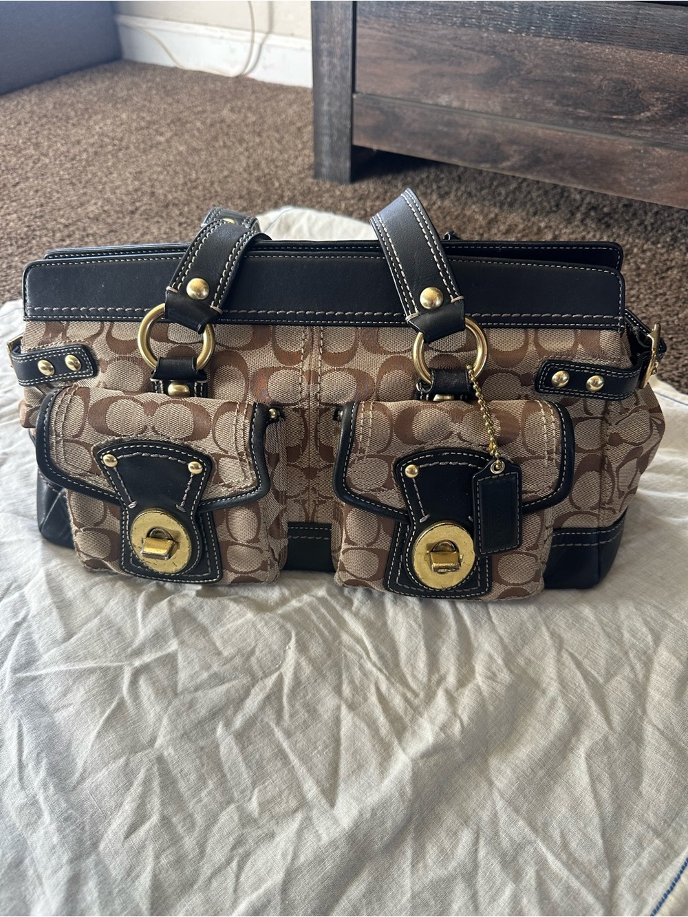 Coach Brown Khaki Signature Canvas Satchel with Black Trim and Gold Hardware